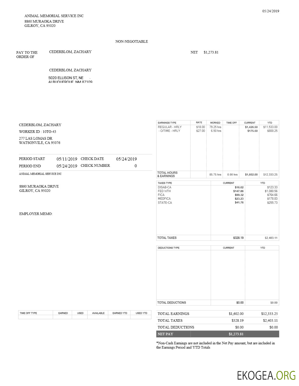 Modèle de bulletin de paie Animal Memorial Service INC aux formats Word et PDF.pdf, 1